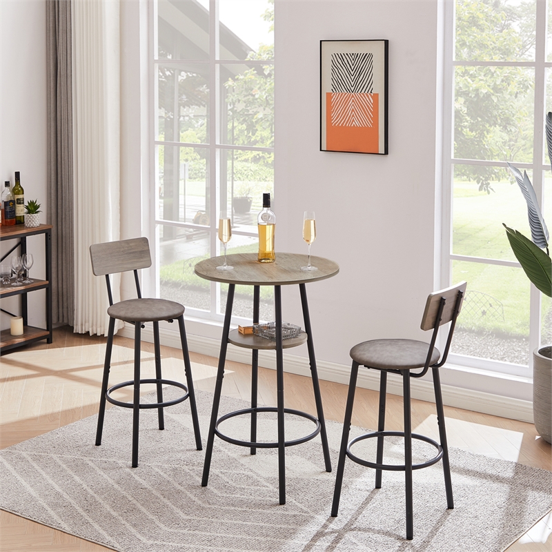 Pemberly Row Adjustable Rustic Bar Stools with Wooden Backrest-Gray