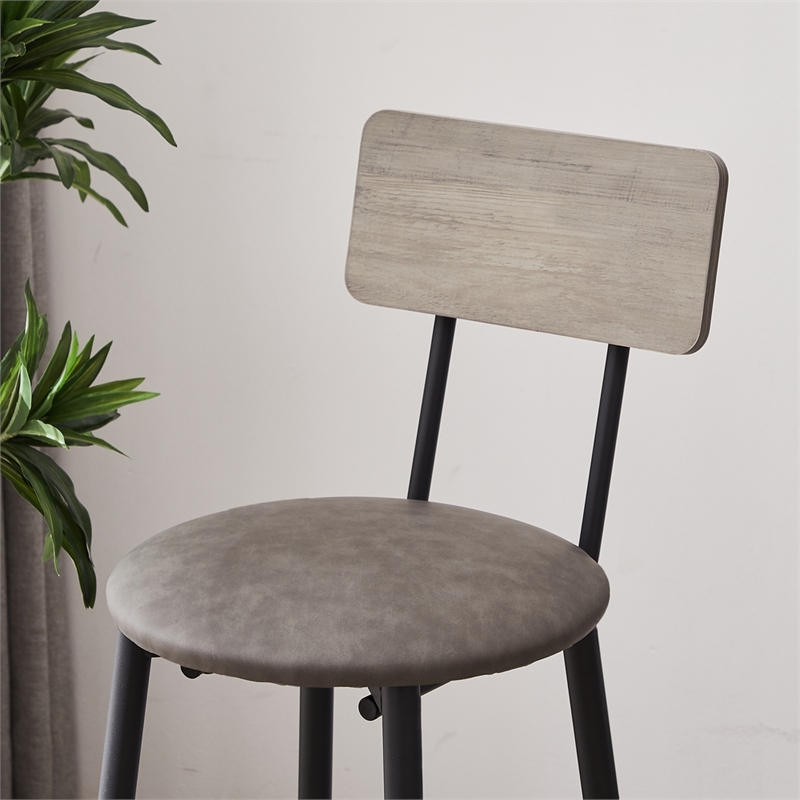 Pemberly Row Adjustable Rustic Bar Stools with Wooden Backrest-Gray