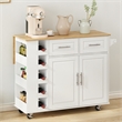 Pemberly Row Rolling Kitchen Island with Wine Rack&Drop-Leaf Countertop-White