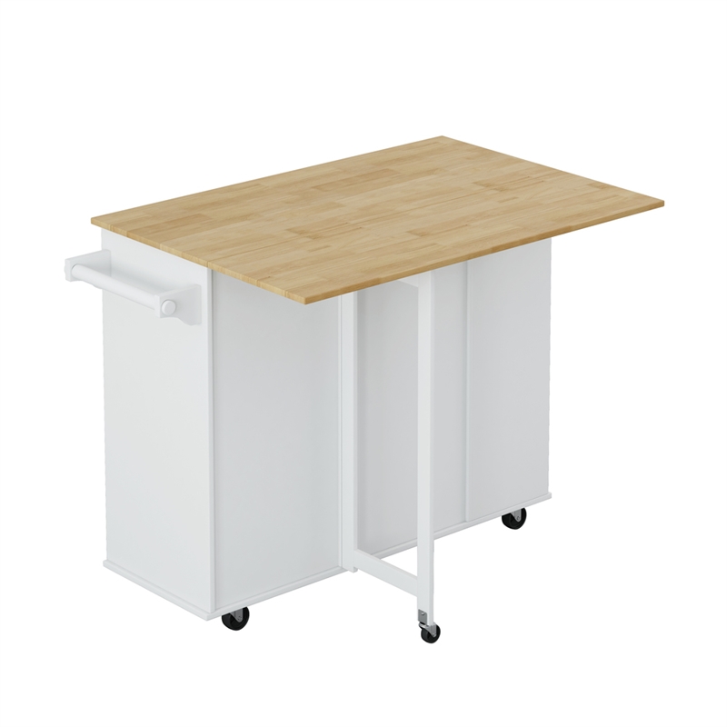 Pemberly Row Rolling Kitchen Island with Wine Rack&Drop-Leaf Countertop-White