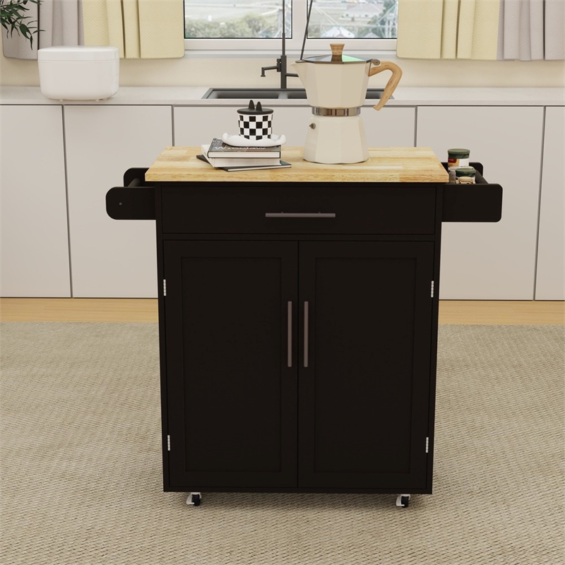 Pemberly Row Compact Rolling Kitchen Island with Drop-Leaf Countertop-Black