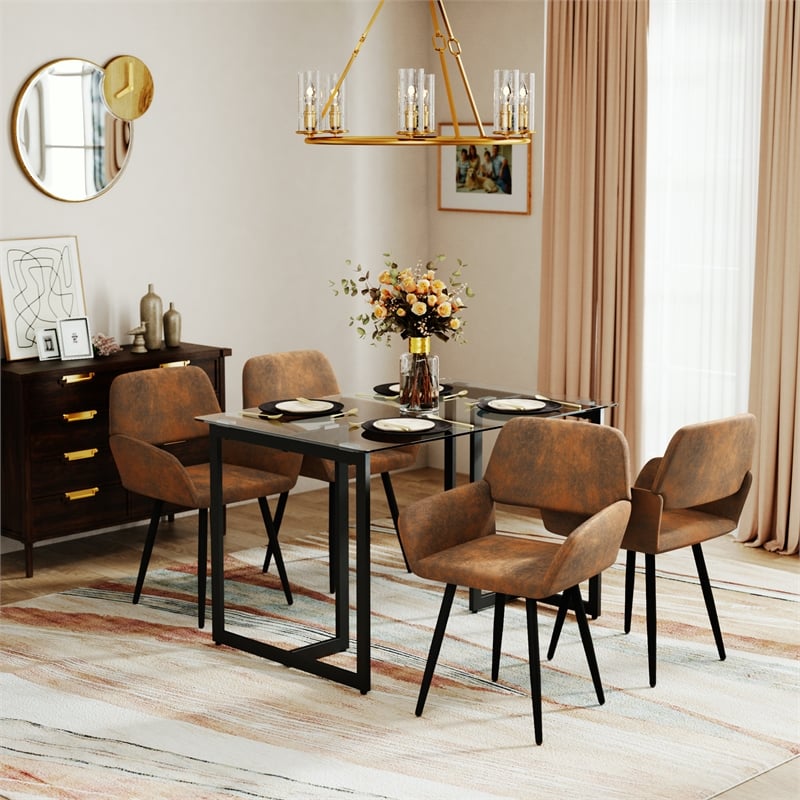 Pemberly Row Dining Chairs Set of 2 Upholstered Seat with Arms Metal Legs Brown