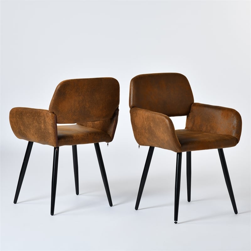 Pemberly Row Dining Chairs Set of 2 Upholstered Seat with Arms Metal Legs Brown