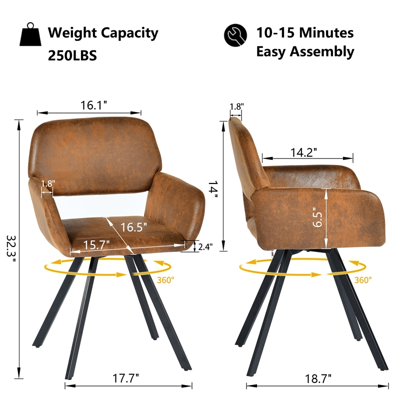 Pemberly Row Swivel Dining Chairs Set of 2 w/ Upholstered Seat & Metal Leg Brown