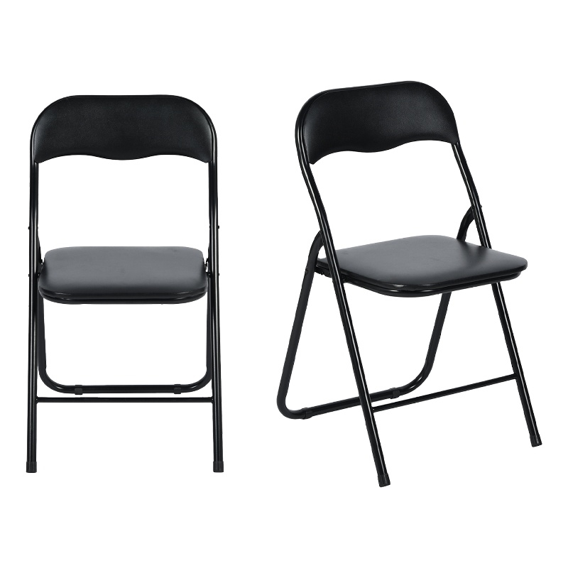 Pemberly Row Folding Chairs Set of 2 Black PVC Upholstered Durable Steel Frame