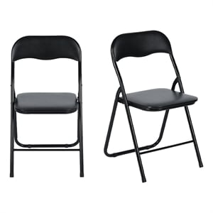 Pemberly Row Folding Chairs Set of 2 Black PVC Upholstered Durable Steel Frame