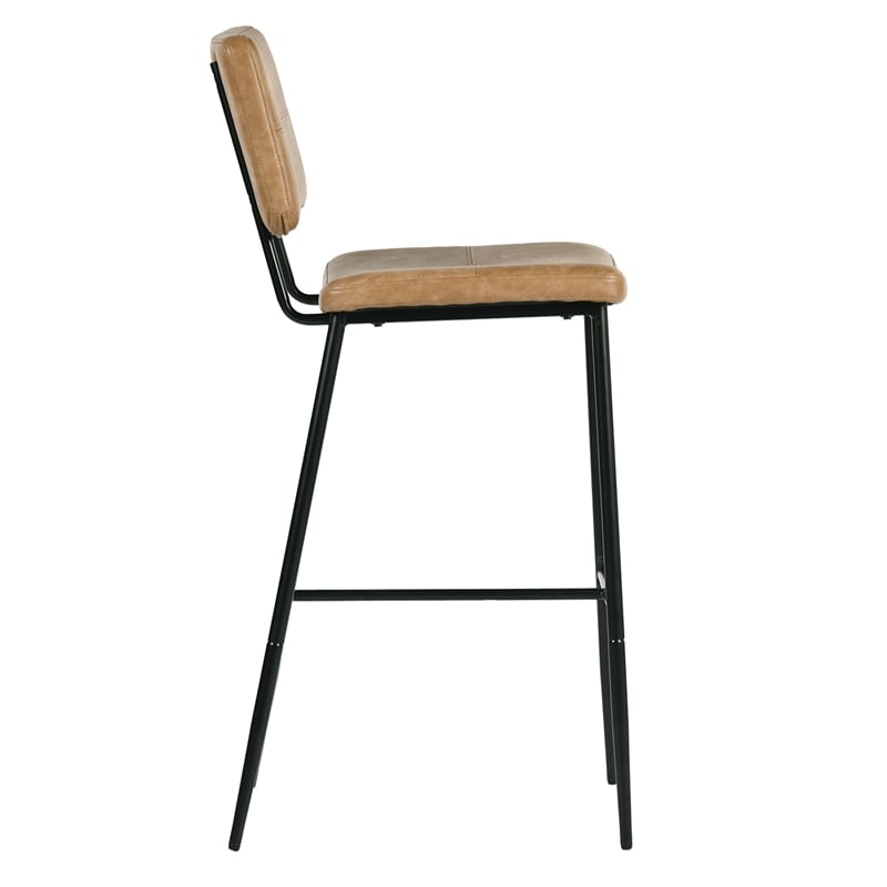 Pemberly Row Cognac Faux Leather Bar Height Stools Set of 2 w/ Black Metal Legs