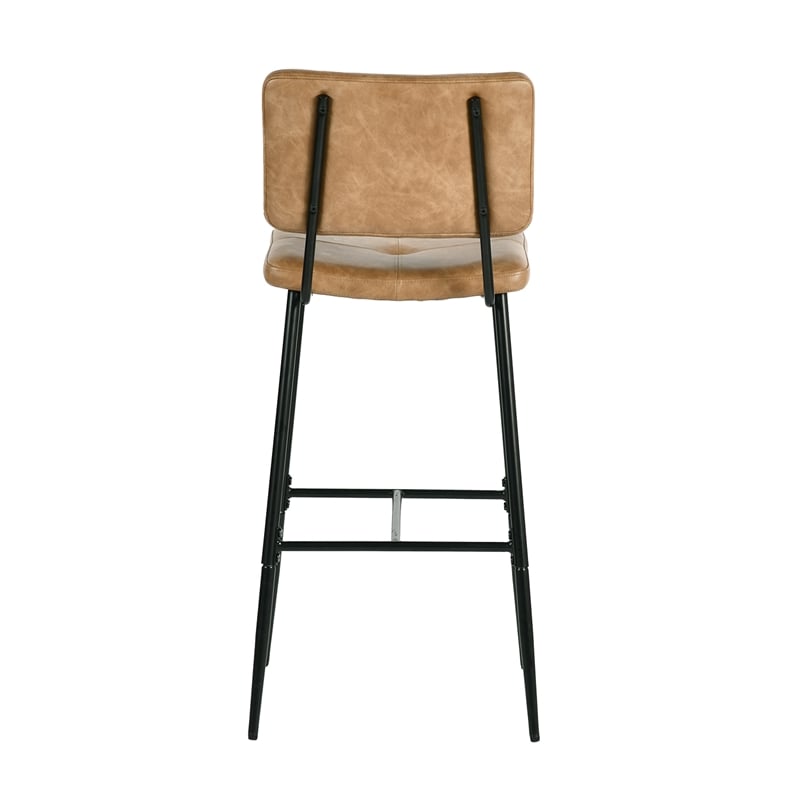 Pemberly Row Cognac Faux Leather Bar Height Stools Set of 2 w/ Black Metal Legs
