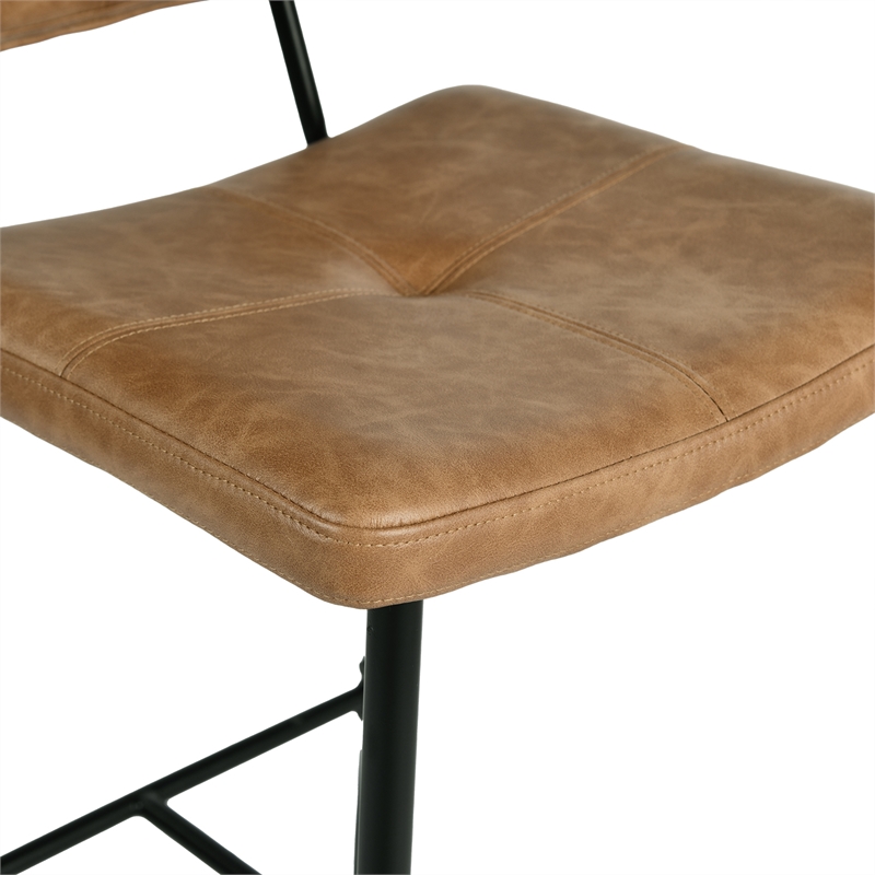 Pemberly Row Cognac Faux Leather Bar Height Stools Set of 2 w/ Black Metal Legs