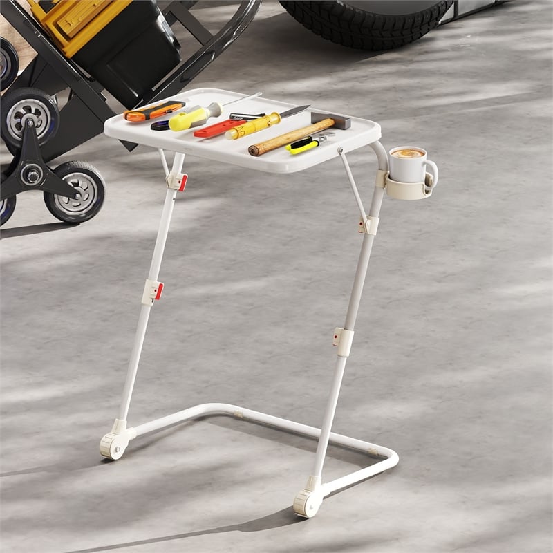 Pemberly Row Adjustable Folding TV Dining Tray Table with Cup Holder White