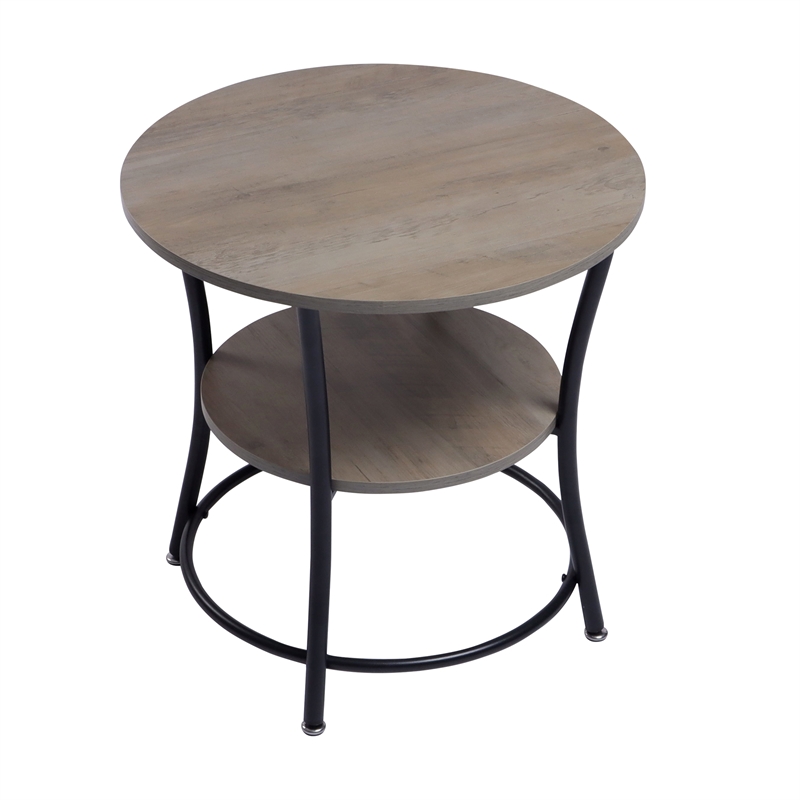 Pemberly Row Round Coffee Table 2 Tier Wood Look Top Black Metal Base