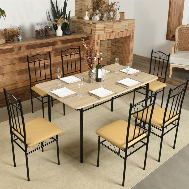 Pemberly Row 6 Piece Dining Set with PU Leather Seats Perfect for Home Beech