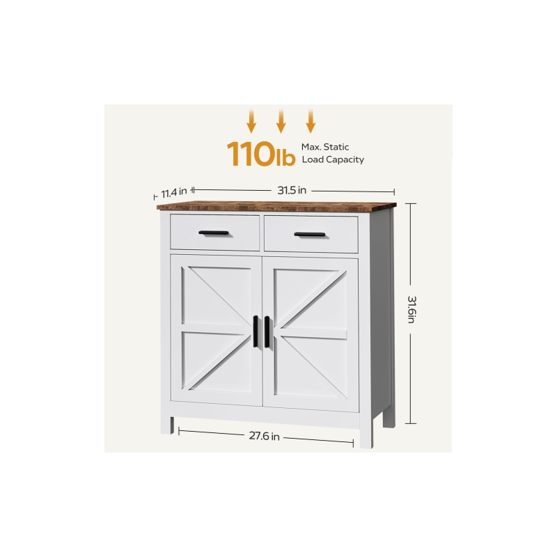 Pemberly Row White Wood Cabinet with Rustic Oak Top and Storage Drawers