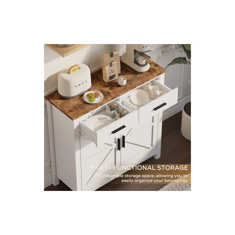 Pemberly Row White Wood Cabinet with Rustic Oak Top and Storage Drawers