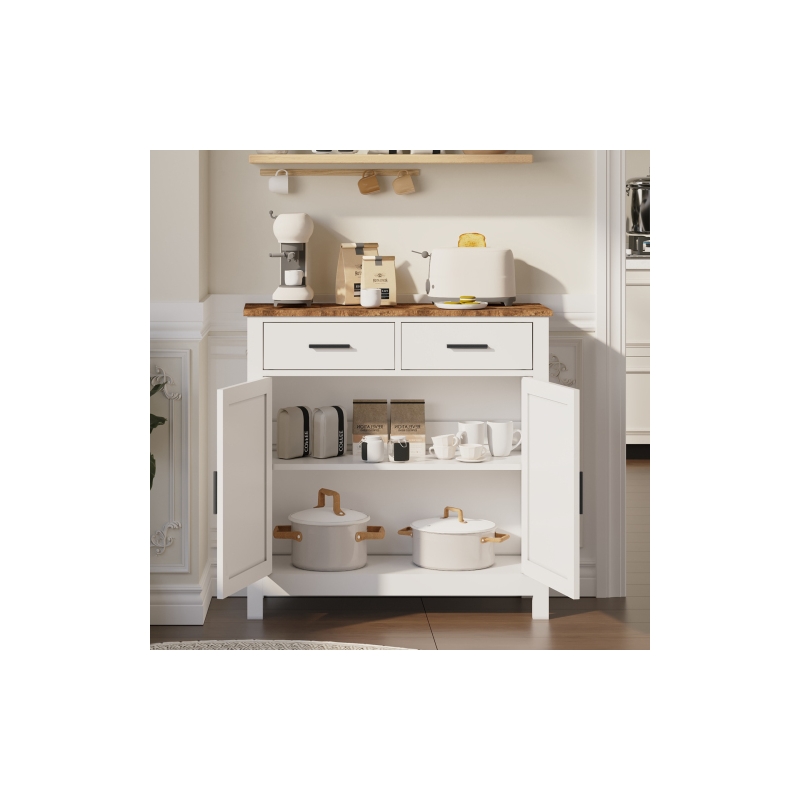Pemberly Row White Wood Cabinet with Rustic Oak Top and Storage Drawers