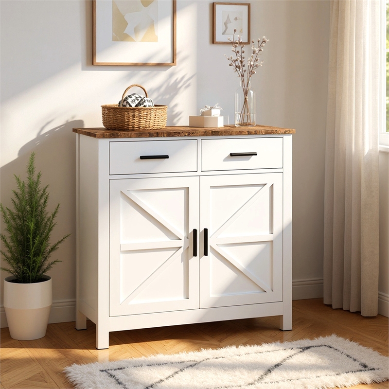 Pemberly Row White Wood Cabinet with Rustic Oak Top and Storage Drawers