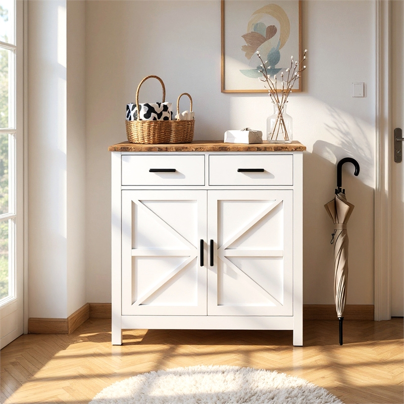 Pemberly Row White Wood Cabinet with Rustic Oak Top and Storage Drawers