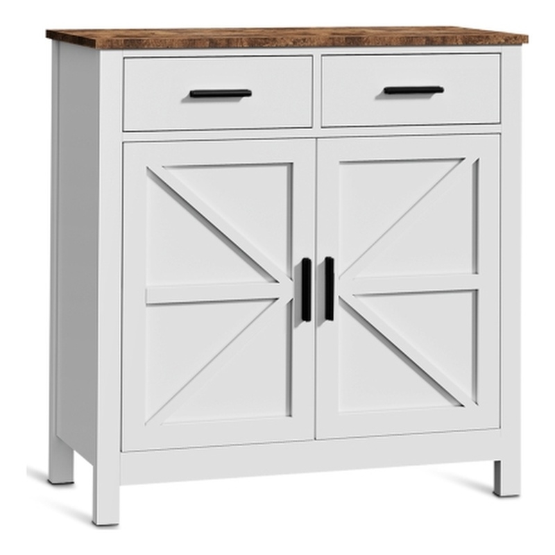 Pemberly Row White Wood Cabinet with Rustic Oak Top and Storage Drawers