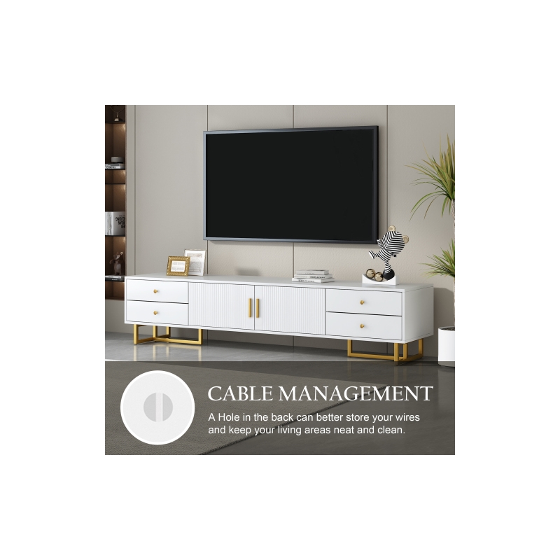 Pemberly Row White TV Stand with Gold Handles Modern Metal Legs 4 Drawers