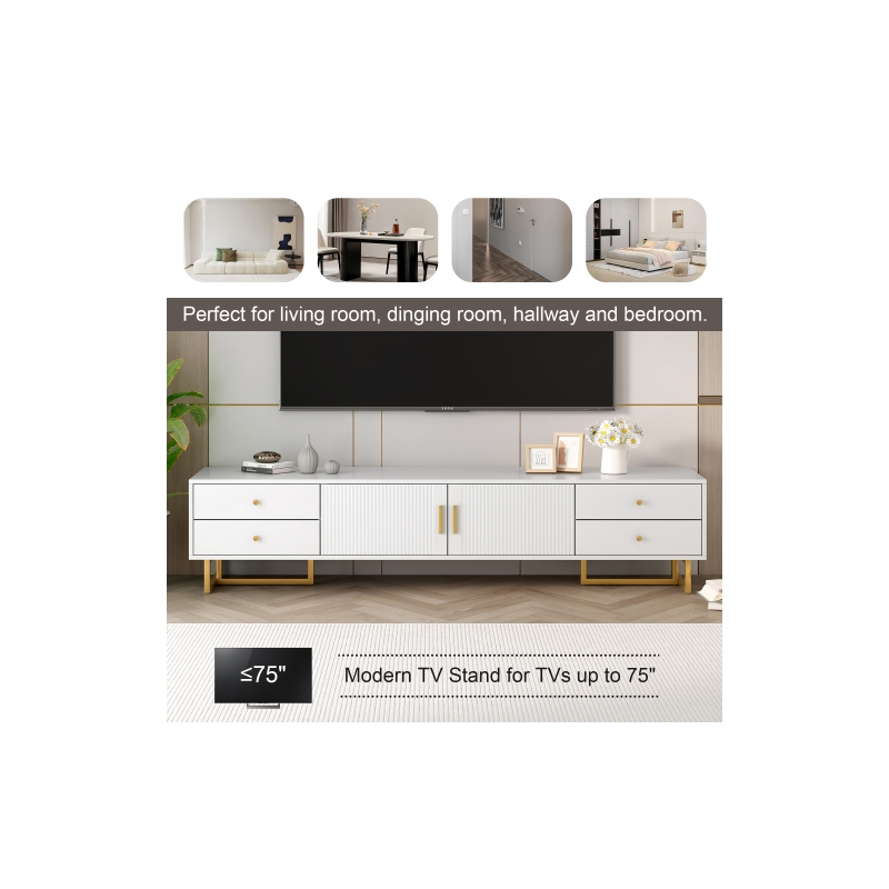 Pemberly Row White TV Stand with Gold Handles Modern Metal Legs 4 Drawers