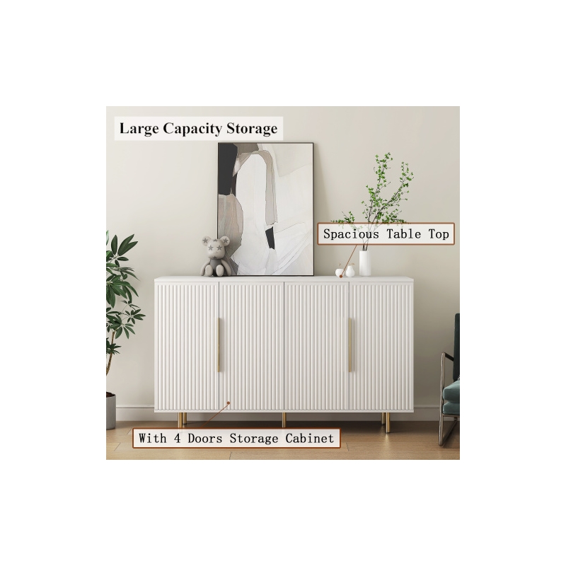 Pemberly Row White Sideboard Ribbed Design Gold Handles 4 Doors and Storage