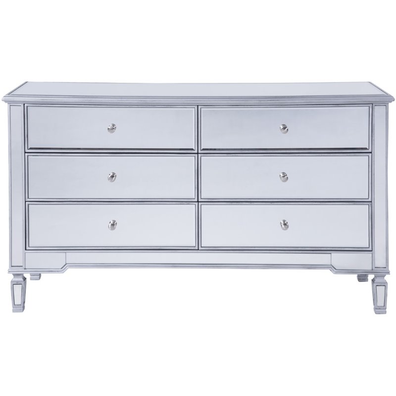 Pemberly Row 6 Drawer rary Mirrored Dresser in Antique Silver