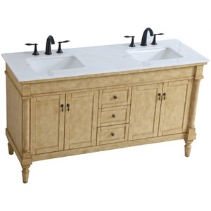 Pemberly Row 60&quot Double Marble Top Bathroom Vanity in Antique Beige