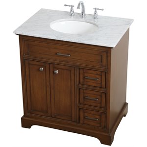 Pemberly Row Contemporary 32&quot Single Marble Top Bathroom Vanity in Teak