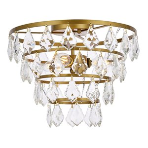 Pemberly Row Contemporary 14&quot Iron and Crystal Flush Mount in Brass