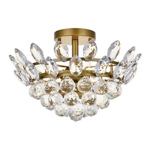 Pemberly Row Contemporary 14&quot Iron and Crystal Flush Mount in Brass