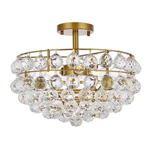 Pemberly Row Contemporary h 16&quot Iron and Crystal Flush Mount in Brass