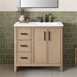 Pemberly Row 36&quot Bathroom Vanity in Sahara Birch with White Countertop