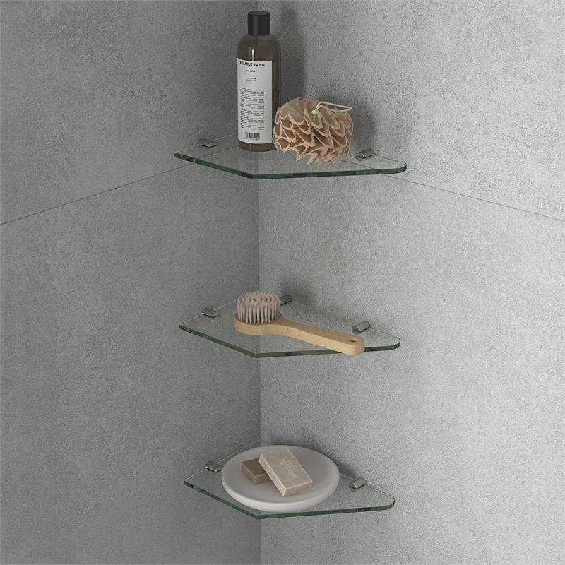 Pemberly Row Tempered Glass Corner Shower Shelves 3-Pack in Satin Nickel Finish