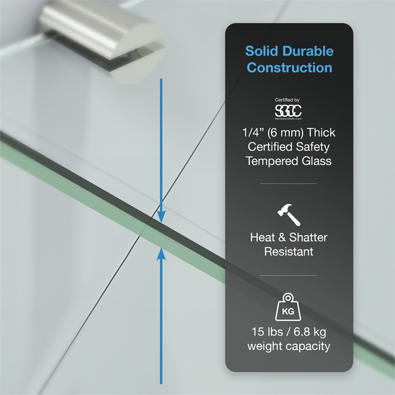 Pemberly Row Tempered Glass Corner Shower Shelves 3-Pack in Satin Nickel Finish