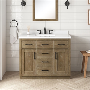 Pemberly Row 42&quot Bathroom Vanity in Driftwood Oak with White Countertop