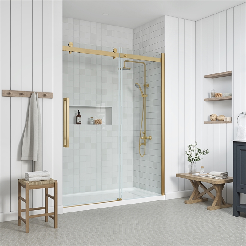 Pemberly Row Modern Gold Shower Kit Base and Door 32