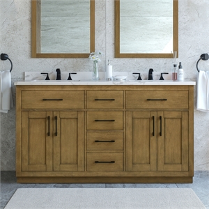 Pemberly Row 60&quot Double Vanity in Almond Latte with White Countertop & Power Bar