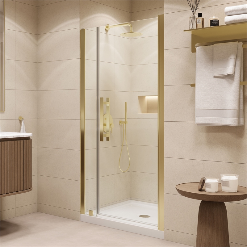 Pemberly Row 36 x 36 x 74-3/4 Shower Kit with Base and Door in Brushed Gold