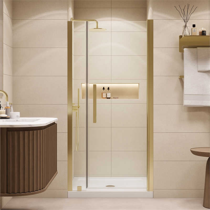 Pemberly Row 36 x 36 x 74-3/4 Shower Kit with Base and Door in Brushed Gold