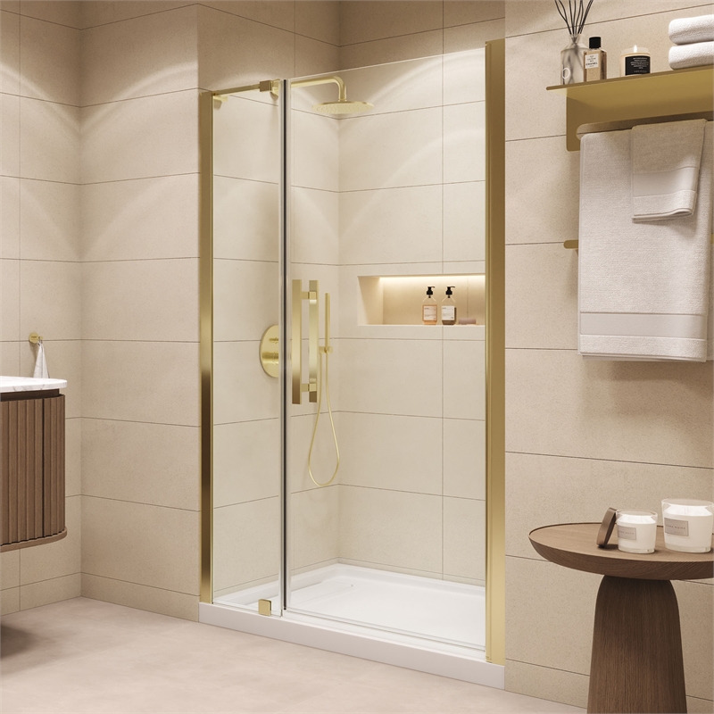 Pemberly Row 48x 36 x 74-3/4 Shower Kit with Base and Door in Brushed Gold
