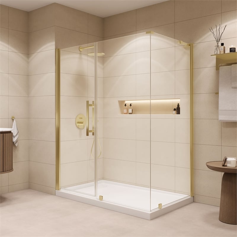 Pemberly Row 60 x 36 x 74-3/4 Corner Shower Kit with Base & Door in Brushed Gold