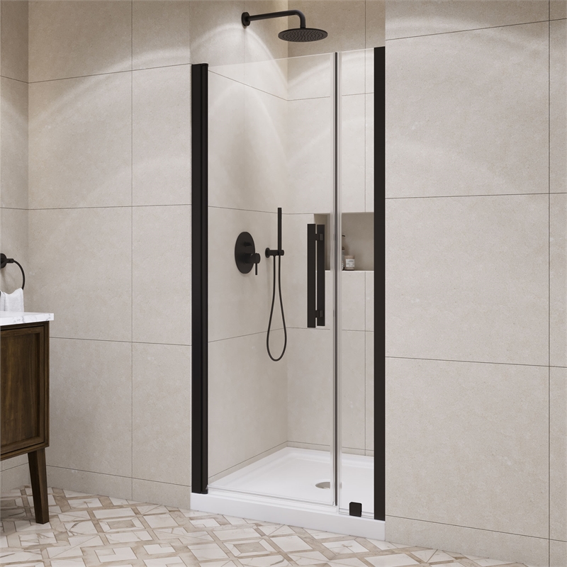 Pemberly Row 36 x 36 x 74-3/4 Shower Kit with Base and Door in Black