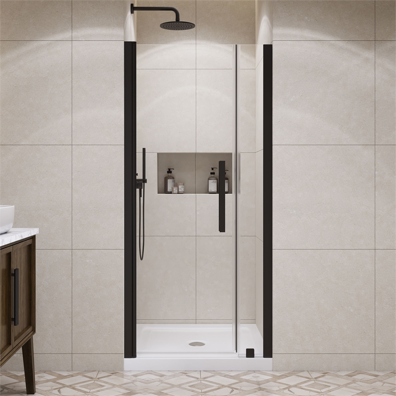 Pemberly Row 36 x 36 x 74-3/4 Shower Kit with Base and Door in Black
