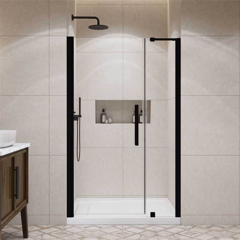 Pemberly Row 48 x 36 x 74-3/4 Shower Kit with Base and Door in Black