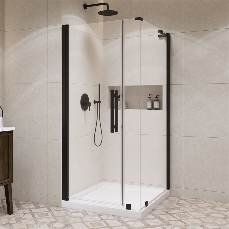 Pemberly Row 36 x 36 x 74-3/4 Corner Shower Kit with Base and Door in Black