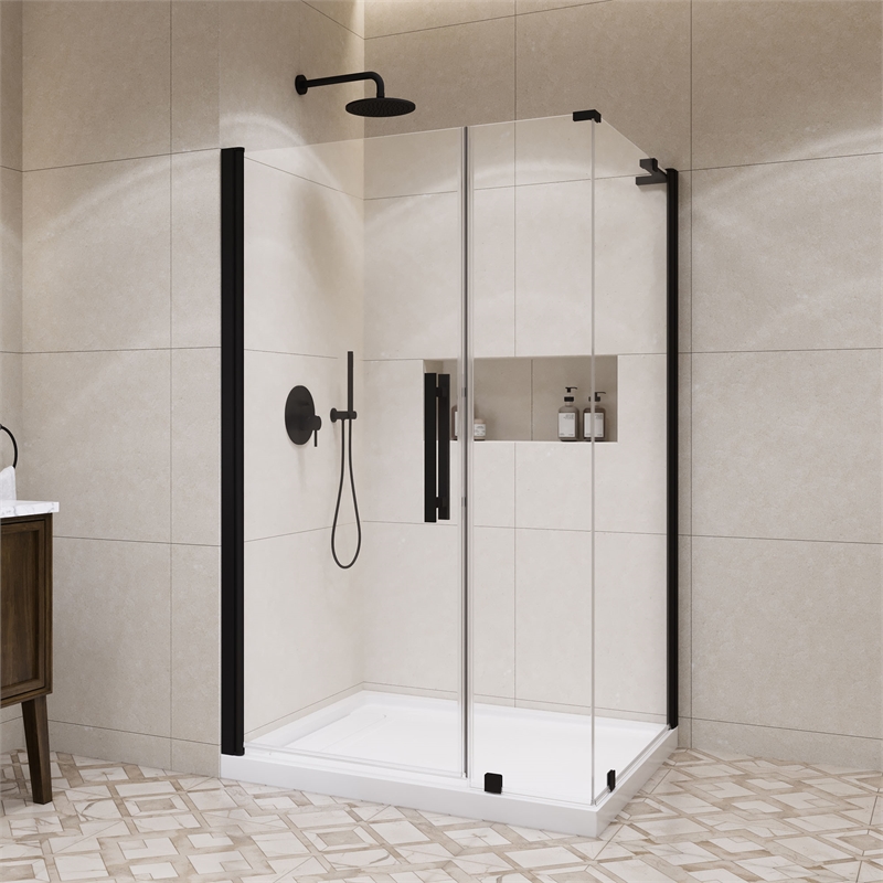 Pemberly Row 48 x 36 x 74-3/4 Corner Shower Kit with Base and Door in Black