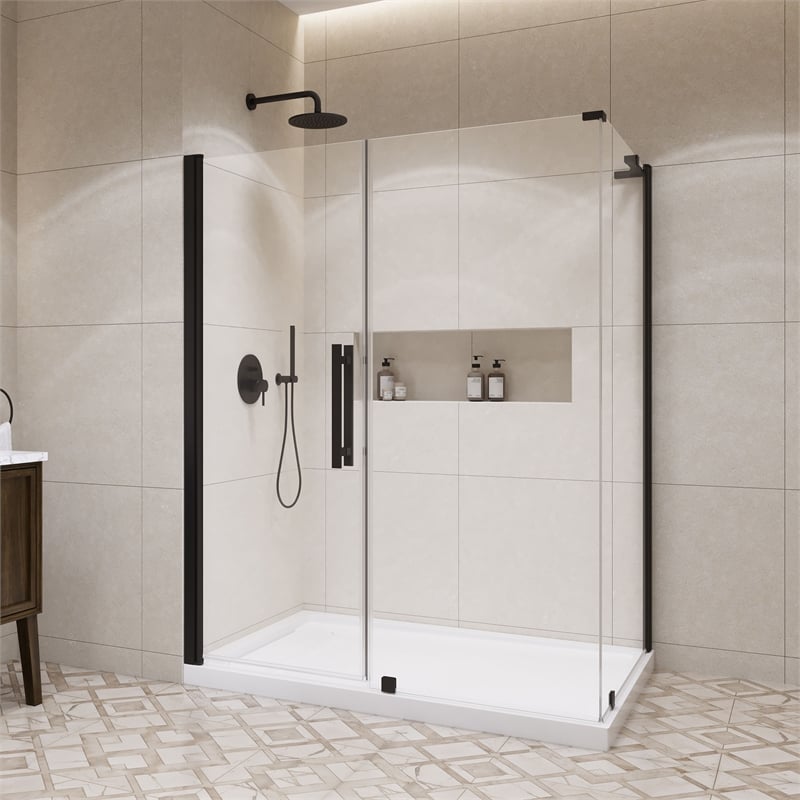 Pemberly Row 60 x 36 x 74-3/4 Corner Shower Kit with Base and Door in Black