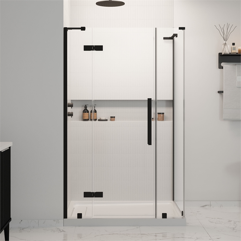 Pemberly Row 48 x 36 x 74-3/4 Corner Shower Kit with Base and Door in Black