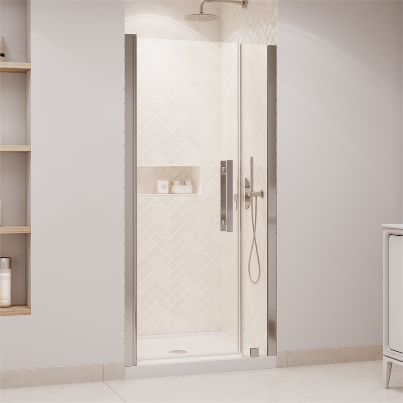 Pemberly Row 36 x 36 x 74-3/4 Shower Kit with Base and Door in Satin Nickel