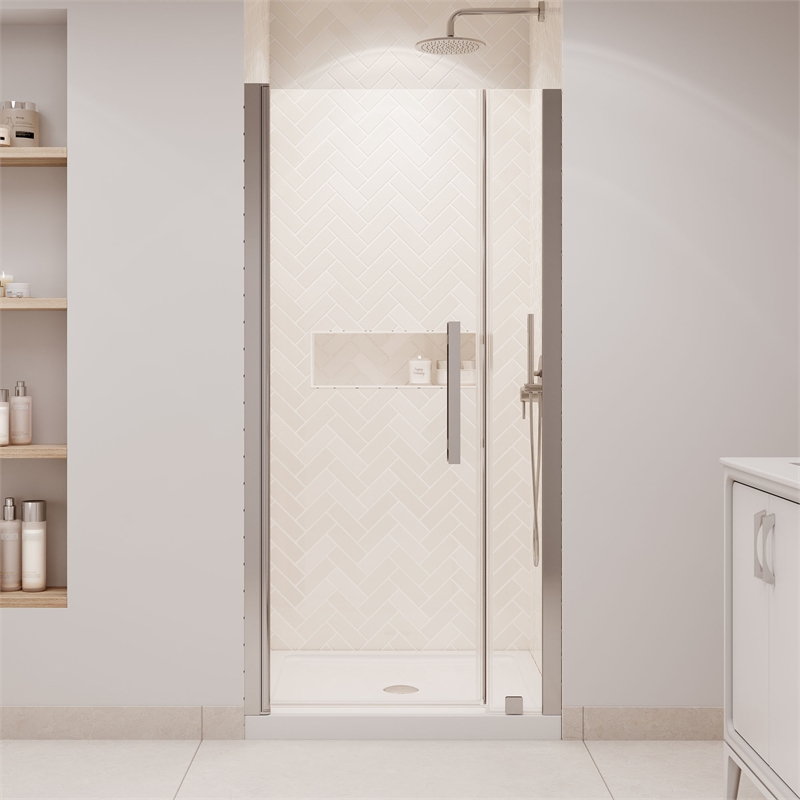 Pemberly Row 36 x 36 x 74-3/4 Shower Kit with Base and Door in Satin Nickel